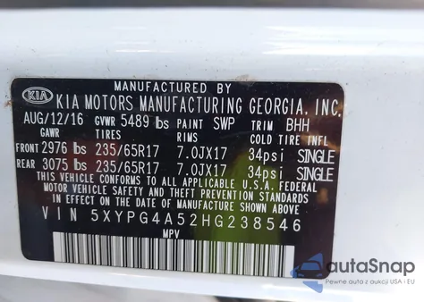 2017 Kia Sorento 3.3L Lx из США, поврежденный, VIN 5XYPG4A52HG238546